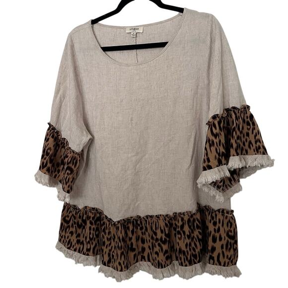 Umgee Tunic Top Animal Print Linen Ruffle Hem Beige Peplum Women's Size Medium - Picture 2 of 7
